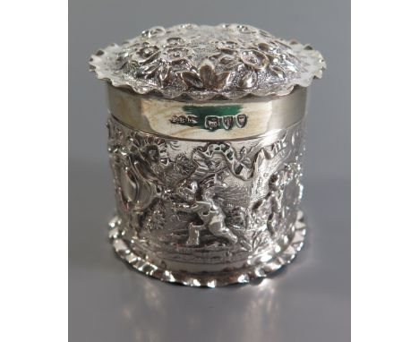 A Victorian Silver Pot with embossed continuous scene of Putti and ribbons and flowers to the lid, London 1894, Army & Navy C