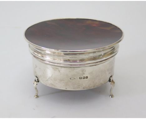 A George V Silver Ring Box with tortoise shell set hinged lid, London 1919, C&A, 10cm diam. 211g gross 