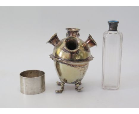 A Silver and Guilloché Enamel Slice Cut Glass Flask, Chester silver napkin ring and EPNS specimen vase 