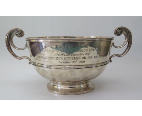 A Large Edward VII Silver Two Handled Presentation Bowl inscribed 'PRESENTED TO CAPTAIN BERTRAM VERNON MITFORD 3rd Battalion 