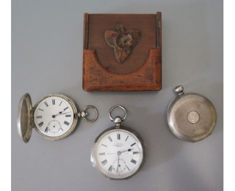 Three Silver Pocket Watches for spares or repairs and wooden watch stand 