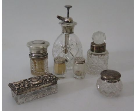 A Selection of Silver Topped Cut Glass Items including atomiser, dressing table pots etc 