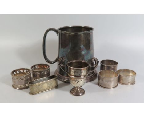 A Selection of Silver Napkin Rings, small presentation cup etc AND plated ware including Garrard beer mug, 131g sterling 