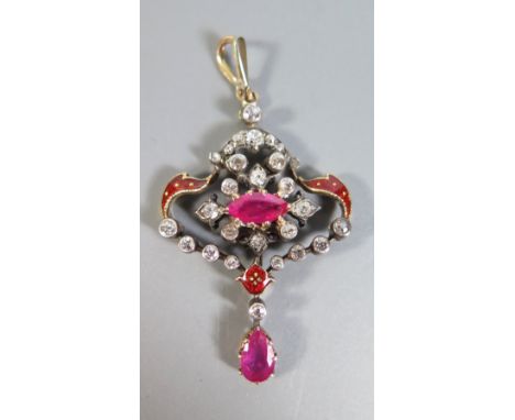 A Ruby and Diamond Pendant in precious yellow metal setting, 4.5 cm drop, 4.3g 