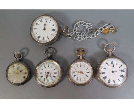 Five Silver Fob Watches (one running) 
