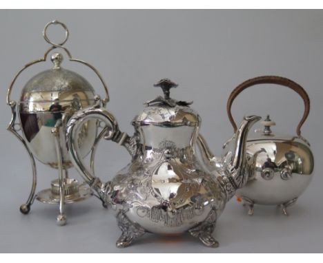 An Electroplated Silver Egg Steamer with spirit burner, tea pot and kettle (without stand) 