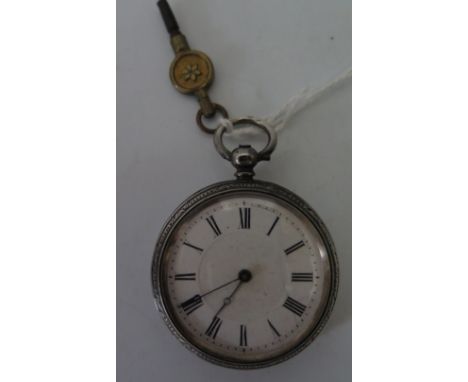 A Victorian Ladies Silver Cased Open Dial Key Wound Fob Watch with key, Birmingham 1880, running 