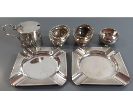 A Pair of George V Silver Ashtrays, pair of Birmingham silver salts, Chester silver mustard and one other salt, 213g 