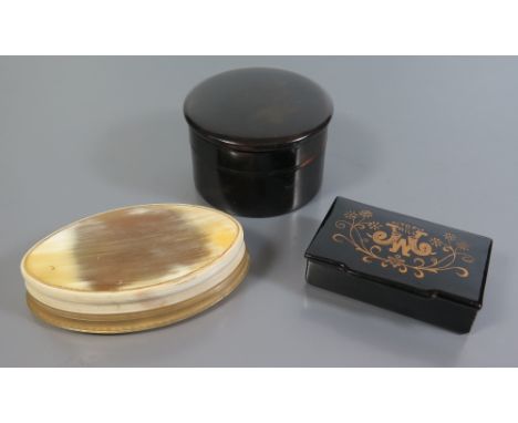 A Nineteenth Century Tortoise Shell Hinged Box, horn snuff box and papier mache 'TOP MILL' snuff box