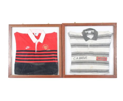 Two framed rugby shirts. Consisting of C. A. Brive, Avenir and Champion de France 1994. 52cm x 52cm. Framed and glazed