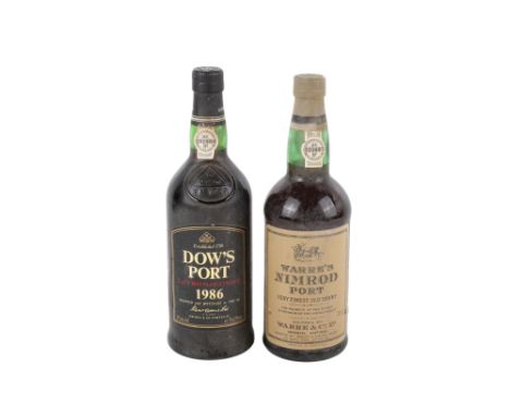 Two bottles of vintage port. Comprising a bottle of Warre's Nimrod port, 700ml, and 1986 Dow's Port, 20% 750ml