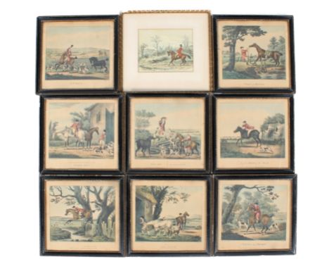 Nine vintage hunting theme colour prints. Including a set of eight 18th century hand coloured prints, 30cm x 31cm. Framed and