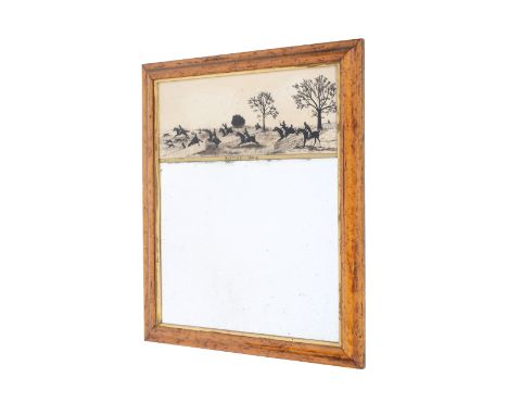 A 20th century wall mirror. The upper section decorated with a fox hunting scene over the words 'Hunting 1830', within a burr