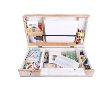 A fishing fly tying kit within a wooden box. The wooden box painted white with a latch to the front, L60.5cm, containing flie