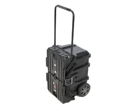 A Keter fishing box. Secured by a metal clap, opening to reveal multiple compartments and levels, on wheels, H41cm x W665cm x