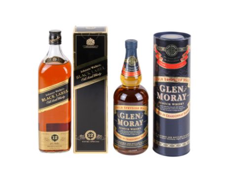 Two bottles of Scotch whisky. Comprising Johnnie Walker Black Label, aged 12 years, no vol, 1l; Glen Moray, single Speyside m