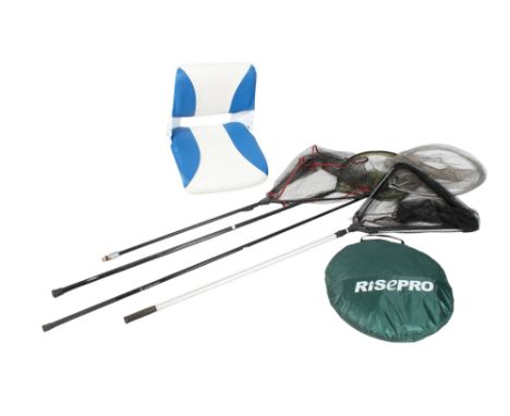 An assortment of coarse fishing equipment. Comprising a Rise Pro pop-up tent, four assorted landing nets and a foldable seat