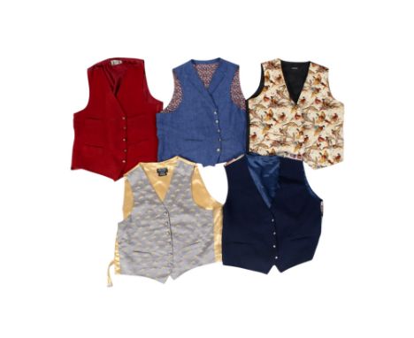 Five gentleman's waistcoats. Two with horse buttons, one with pheasant pattern, one of light blue with gold racing horses, on