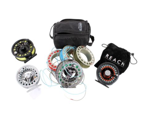 Four fly fishing reels and three spools. The reels comprising a Snowbee Classic 2 #7/8, Reach 56, Proberos 5/6 and a Greys GX