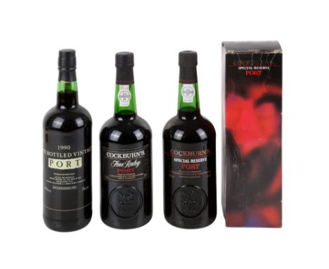 Three bottles of port. Comprising a bottle of M&S 1990 Late Bottled Port, 20% 750ml, a bottle of Cockburn's Fine Ruby Port, 2
