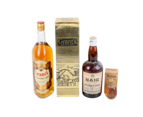 Three bottles of Scotch whisky. Comprising a bottle of Haig Gold Label, a Haig's miniature, 70%, and a bottle of Grant's, 43%