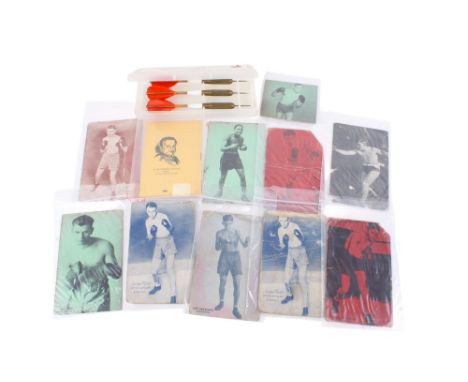 A collection of vintage boxing postcards and a set of H. Nicholls & Sons darts. The postcards featuring Jackie Fields, Izzy S