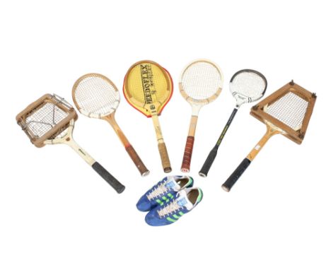 Six vintage tennis racquets and a pair of vintage Adidas football boots. The racquets including John Snow & Co Ltd, Dunlop, W