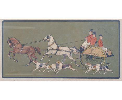 A large print of a horse drawn carriage with hounds. Indistinct signature (lower left), 92cm x 47cm. Framed and glazed