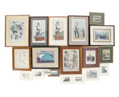 An assortment of vintage billiards related prints. Including Frank Reynolds 'Polite Host', 19.5cm x 14cm, framed and glazed, 