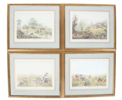 Four 19th century hand coloured engravings 'Hunting in India'. Including 'Shooting at the Edge of the Jungle', 47cm x 36cm. F