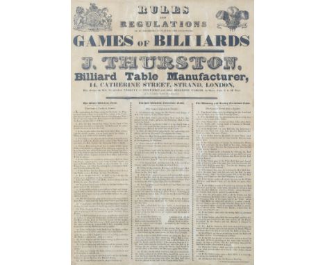 A printed set of J. Thurston 'Rules and Regulations to be Observed in Playing the Following Games of Billiards'. 59cm x 41.5c