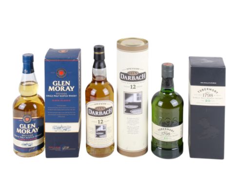 Three bottles of single malt Scotch whisky. Comprising Glen Moray Speyside Elgin Classic, 40% vol, 700ml, Tobermory, 10 years