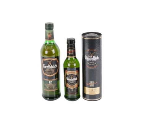 Two bottle of 12 years old Glenfiddich single malt Scotch whisky. Both 40% vol, one 350ml, boxed, the other 700ml 