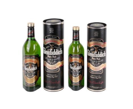 Two bottles of Glenfiddich pure malt Scotch whisky. Both 40% vol, one 1l, the other 700ml, both boxed. 