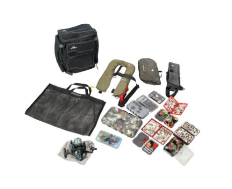 A collection of fishing items. Including a Fox Rage rucksack, flies, jacket, Silstar reel, etc.