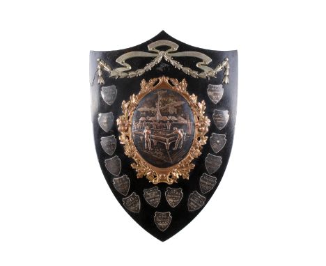 A billiards 'Challenge Shield' trophy. Having silver plated and silver name plates on an ebonized board, the central medallio