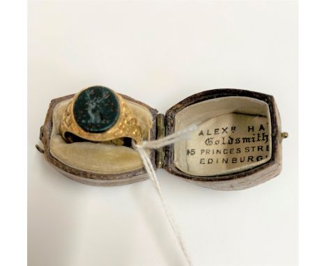 A 14 carat gold engraved bloodstone signet ring 