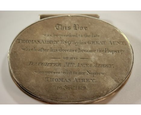 A Silver Snuff Box. First quarter of the 19th century. Inscribed. "This Box was bequeathed to the late Thomas Airey Esq by hi