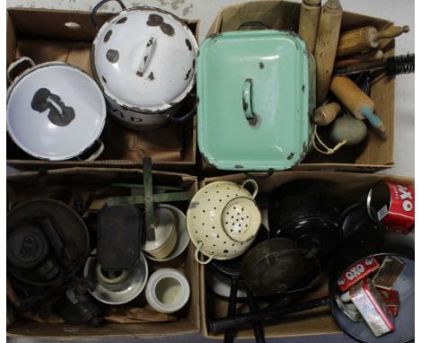 A large quantity of early/mid-20th century kitchenalia to include a set of black enamelled pans with blue enamel interior, va