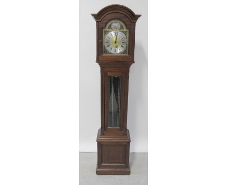 A modern sapele mahogany cottage-sized longcase clock with glass panel door, on plinth base, height 179cm.