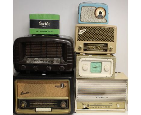 Six vintage radios to include Bush, Ferranti, a brown Bakelite Strad example, M. Michael Radio Ltd, Defiant and Dansette and 