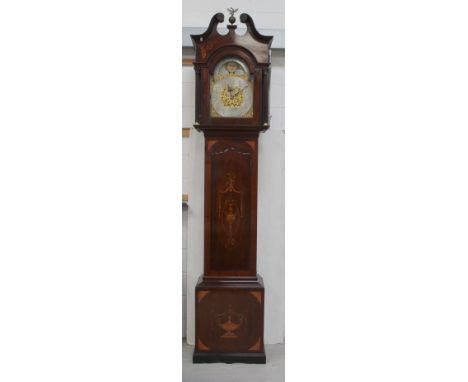 An Edward VII mahogany longcase clock, the arched rolling moon phase dial set with Arabic numerals and subsidiary seconds dia