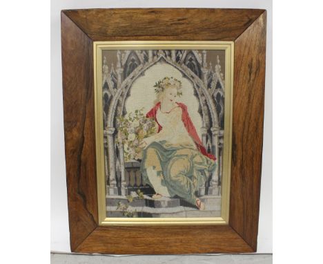 A late 19th/early 20th century tapestry in the Pre-Raphaelite style of a young woman with a garland of flowers in her hair wi