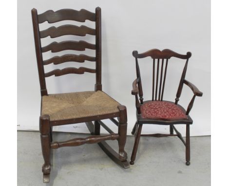 A late 19th/early 20th century oak ladder-back rocking chair with rush seat and turned cross-stretcher and a 19th century mah