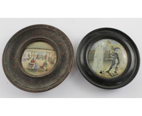 Two F R Pratt ware lids to include the room in which Shakespeare was born, 1564 Stratford-upon-Avon and the other of Hamlet's