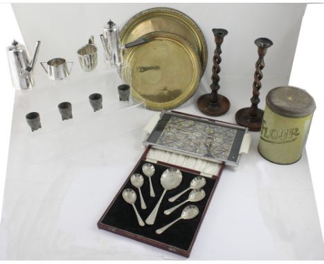 A pair of Asprey style coffee pots with wooden side handles, a nickel silver beer tray, an Art Deco chrome and ivorine handle