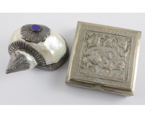 An Eastern hallmarked white metal box with neo-classical bird foliate design to the lid, approx width 9.5cm, approx 7.5ozt, a