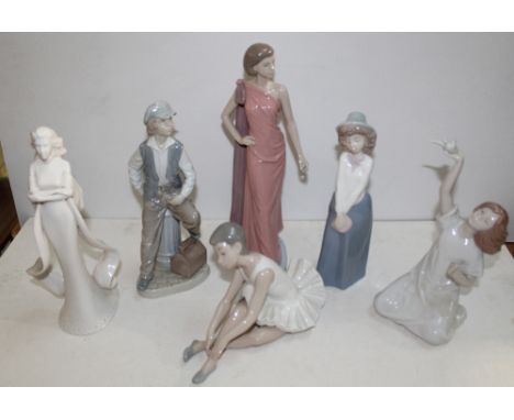 A small group of Lladró Nao figures to include seated ballerina, girl with clutch bag, shoe shine boy, girl with dove and lad