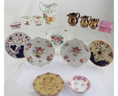 A good collection of hand painted Staffordshire ceramics and various items of lustre ware including copper lustre jugs, Grays