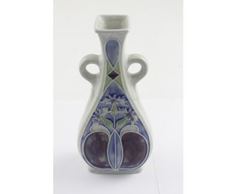 Royal Doulton; a Secessionist twin-handled flask vase, grey-blue ground with raised thistle and honesty leaf decoration in pu